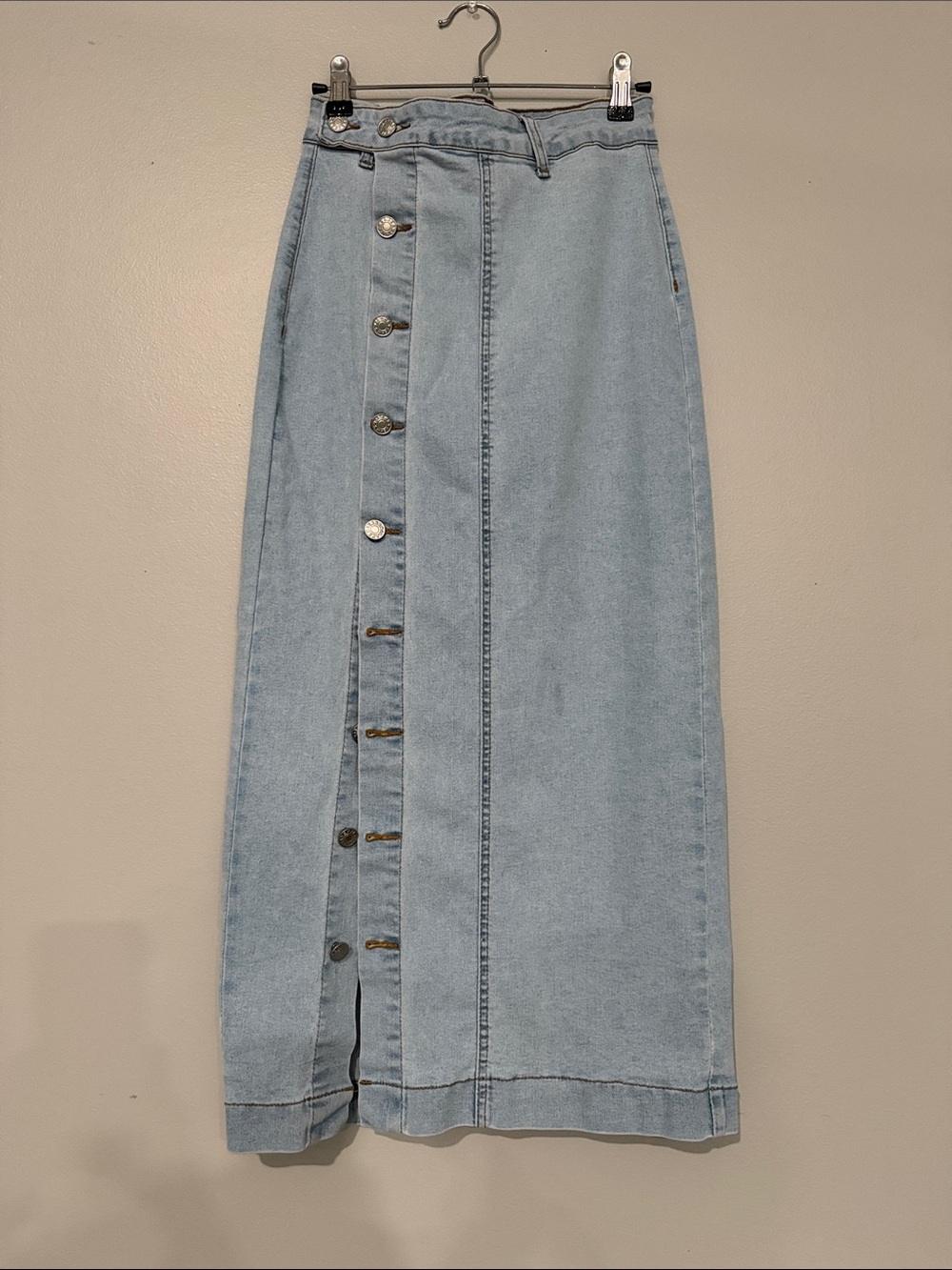 Light Wash Denim Button-Front Maxi Skirt